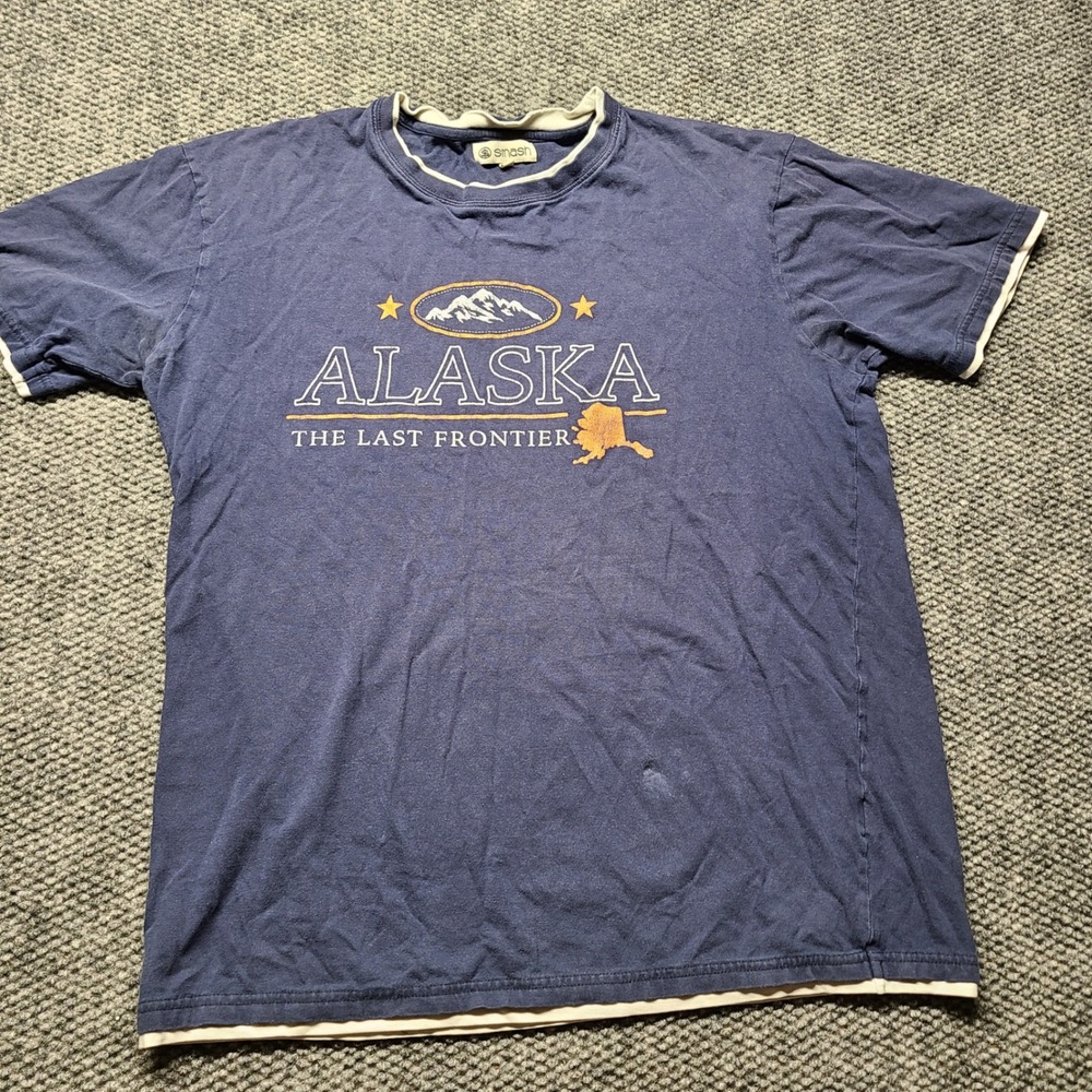 Smash Alaska The Last Frontier Graphic T-Shirt Mens XL Blue Ringer Tee Cotton